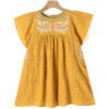 Gold‑colored girls' summer dress with lightweight breathable cotton, green embroidered chest and white lace cuffs.