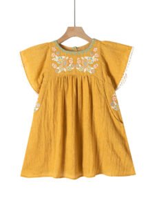 Gold‑colored girls' summer dress with lightweight breathable cotton, green embroidered chest and white lace cuffs.