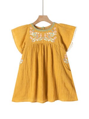Gold‑colored girls' summer dress with lightweight breathable cotton, green embroidered chest and white lace cuffs.