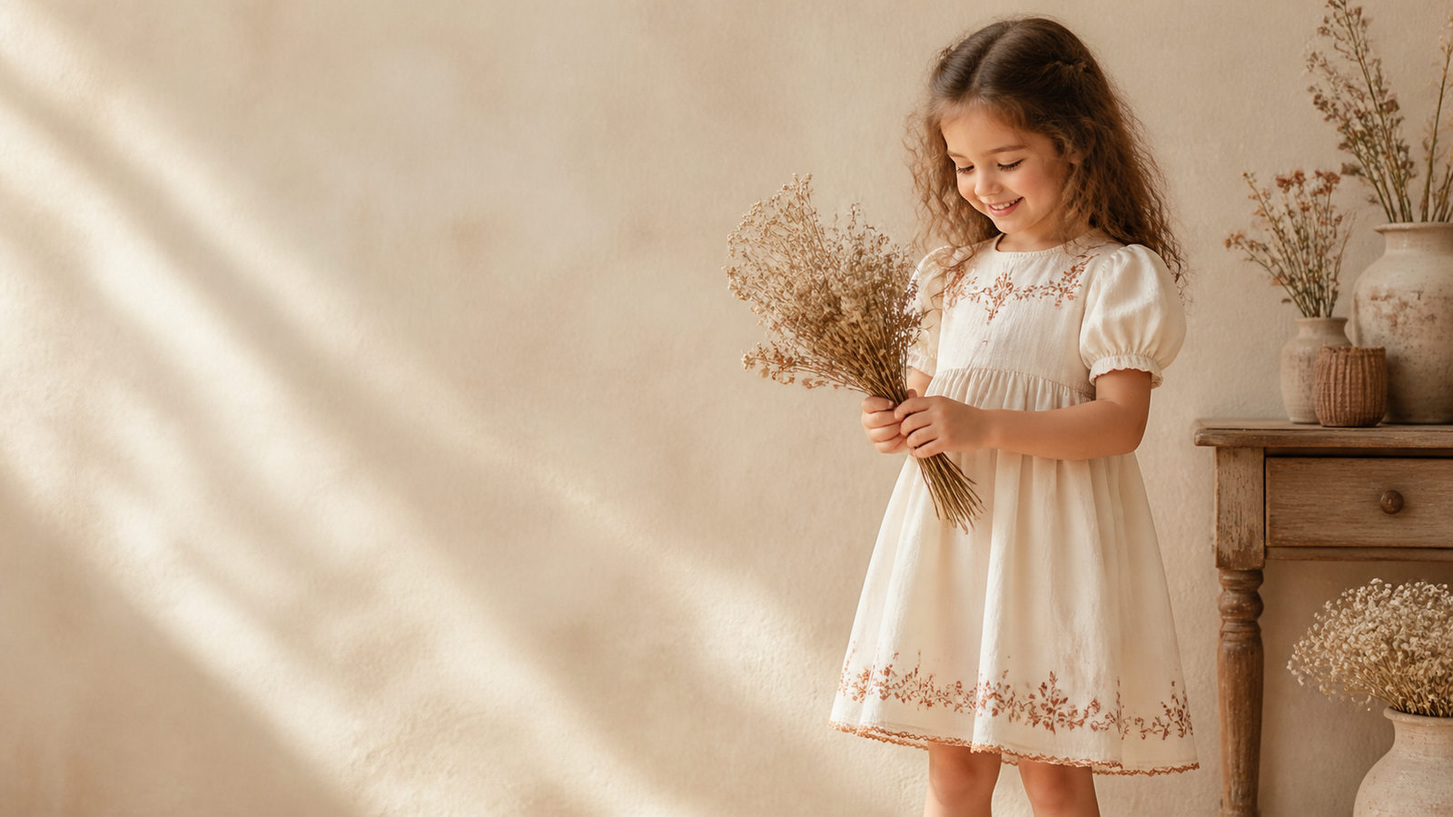 Young girl in an embroidered STYLVER dress holding dried flowers