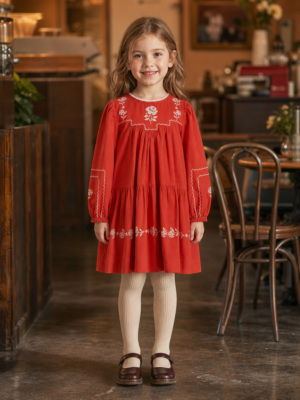 Girls Red Embroidered Long-Sleeve Dress